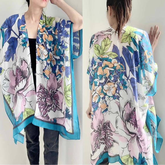 BOHO FLORAL PRINT KIMONO - TEAL - Picture 3 of 3